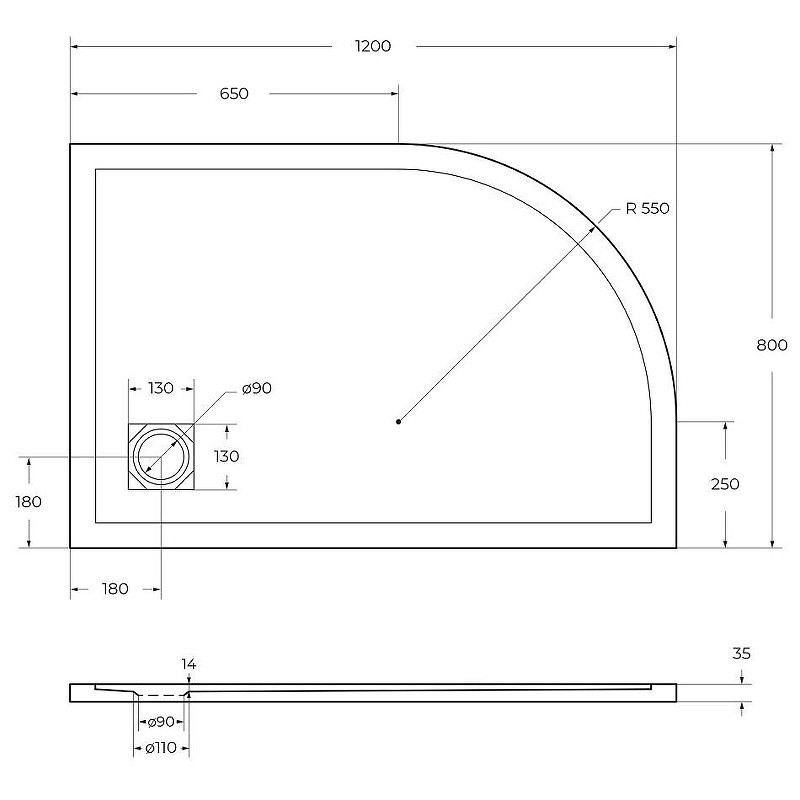 Душевой поддон из искусственного камня BelBagno Uno 120x80 R TRAY-MR-UNO-RH-120/80-550-35-W-R-BO