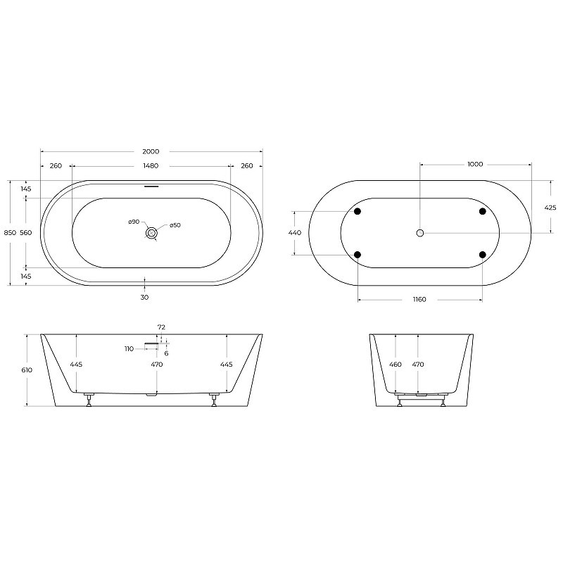 Акриловая ванна BelBagno 200x85 BB416-2000-850