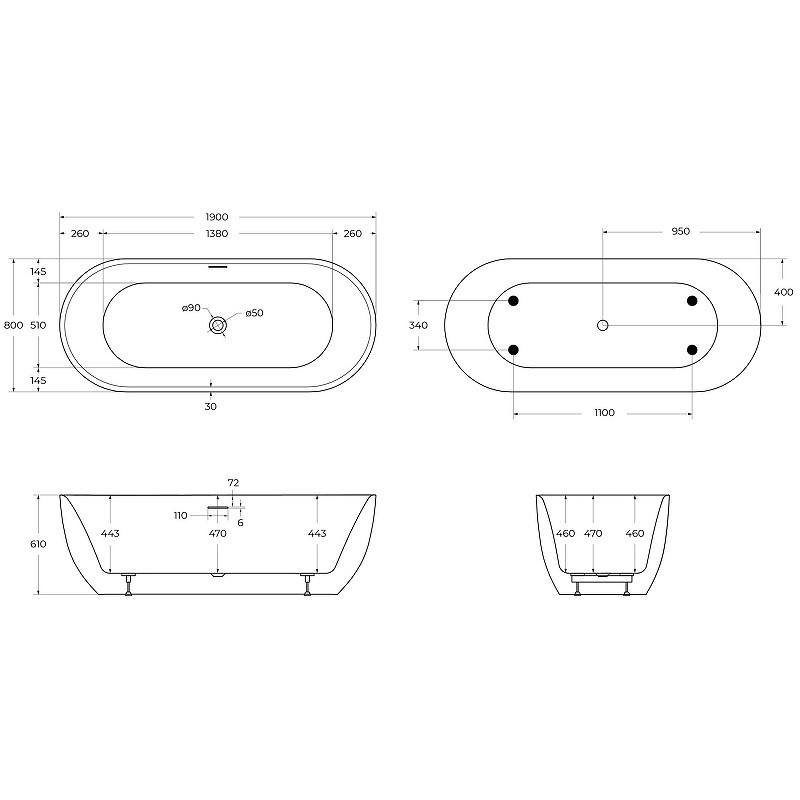 Акриловая ванна BelBagno 190x80 BB417-1900-800