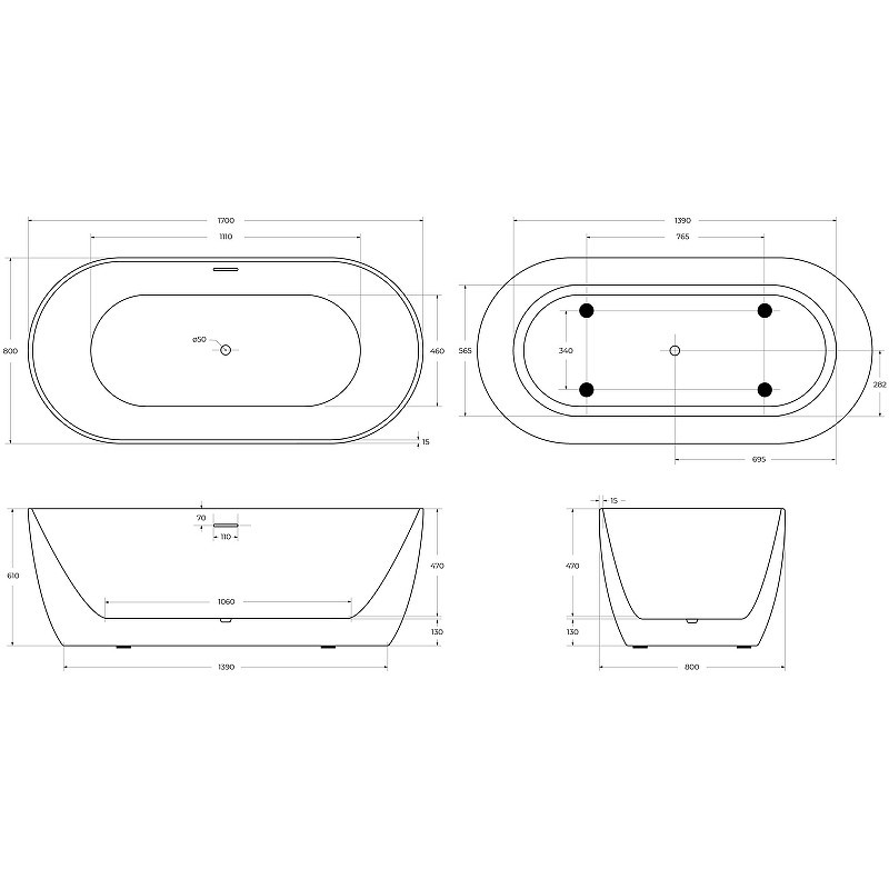 Акриловая ванна BelBagno 170x80 BB413-1700-800-MATT
